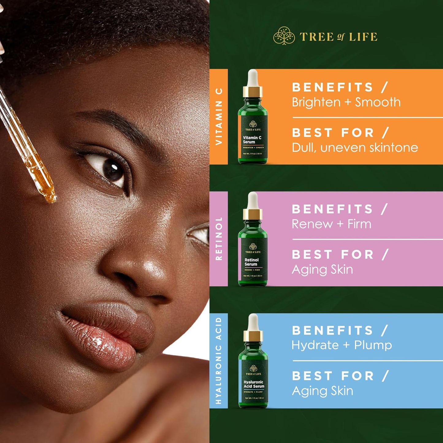 Tree of Life Beauty Facial Skin Care Set - Brightening & Hydrating Serums with Vitamin C, Retinol & Hyaluronic Acid | 1 Fl Oz (Pack of 3)