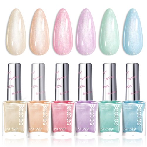 Beetles Nail Polish Set, 6 Colors Pearl Nail Polish Kit Pastel Pearl Shimmer Pink Orange Blue Green Dreamy Swirl Quick Dry Fingernail Polish Gifts for Women Salon DIY Manicure Kit - Easter Nails Art