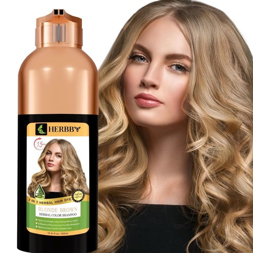 HERBBY Hair Color Shampoo - Gray Coverage & Color Transformation with 9 Herbal Extracts | Long-Lasting Shine, 500ml (Blonde Brown)