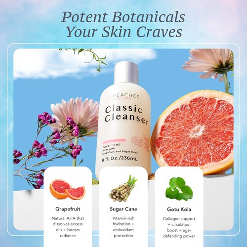 Peaches Skincare Hydrating Facial Cleanser - Vegan Daily Face Wash with Grapefruit & Gotu Kola - 8 oz
