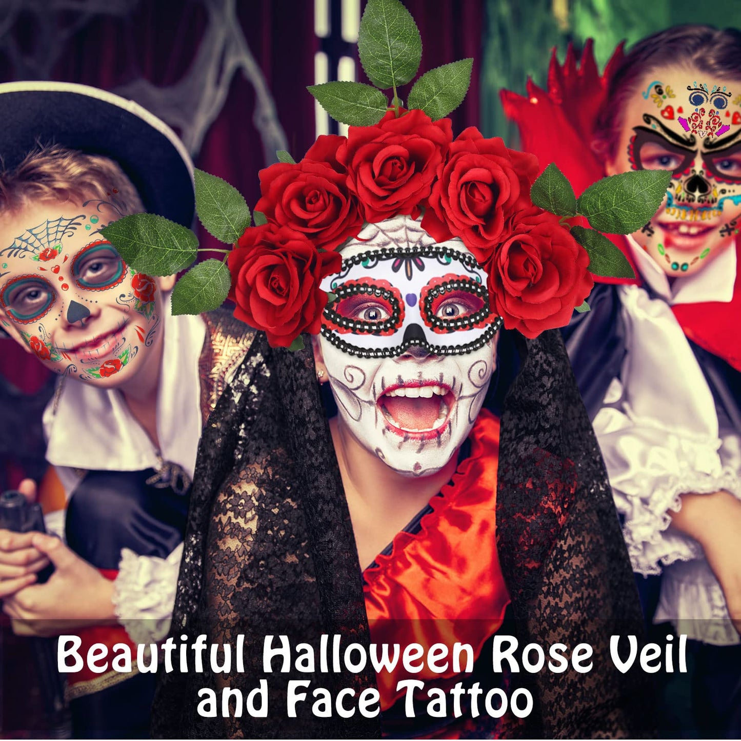 6 Pieces Day of the Dead Costumes for Women Halloween Crown Rose Floral Veil Headband Headpiece with Halloween Skull Face Temporary Tattoo Masquerade Mask for Costume Party (Red)