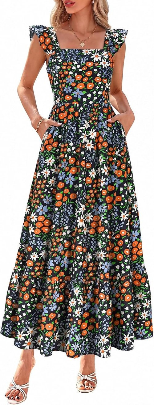 Dowerme Women's Floral Boho Midi Dress - Ruffle Sleeve, Square Neck, Perfect for Spring Beach Parties