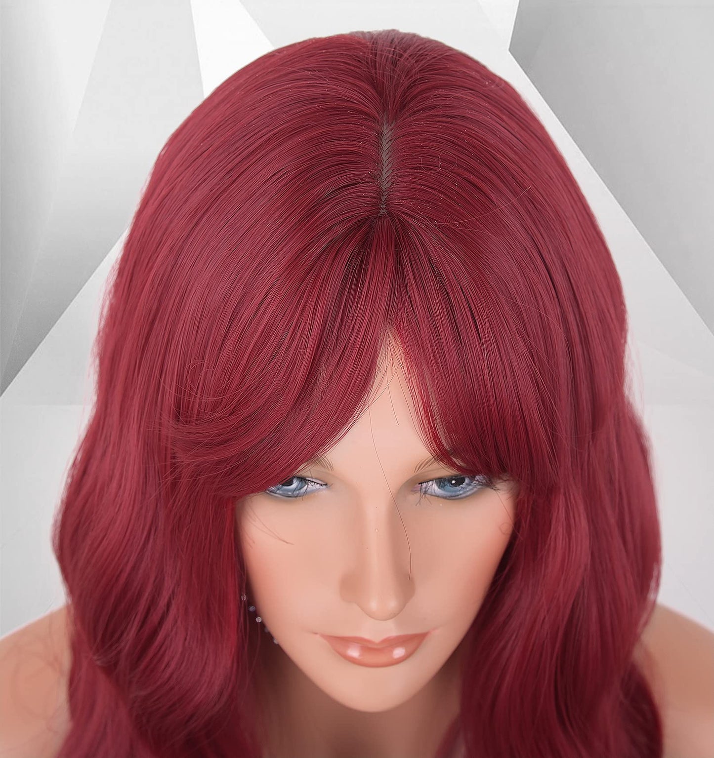 LANOVA Burgundy Wigs with Bangs, Wavy Curly Afro Bangs Wigs, Synthetic Hair Wig with Bangs, Dark Red Wigs, 18 inch LANOVA-205