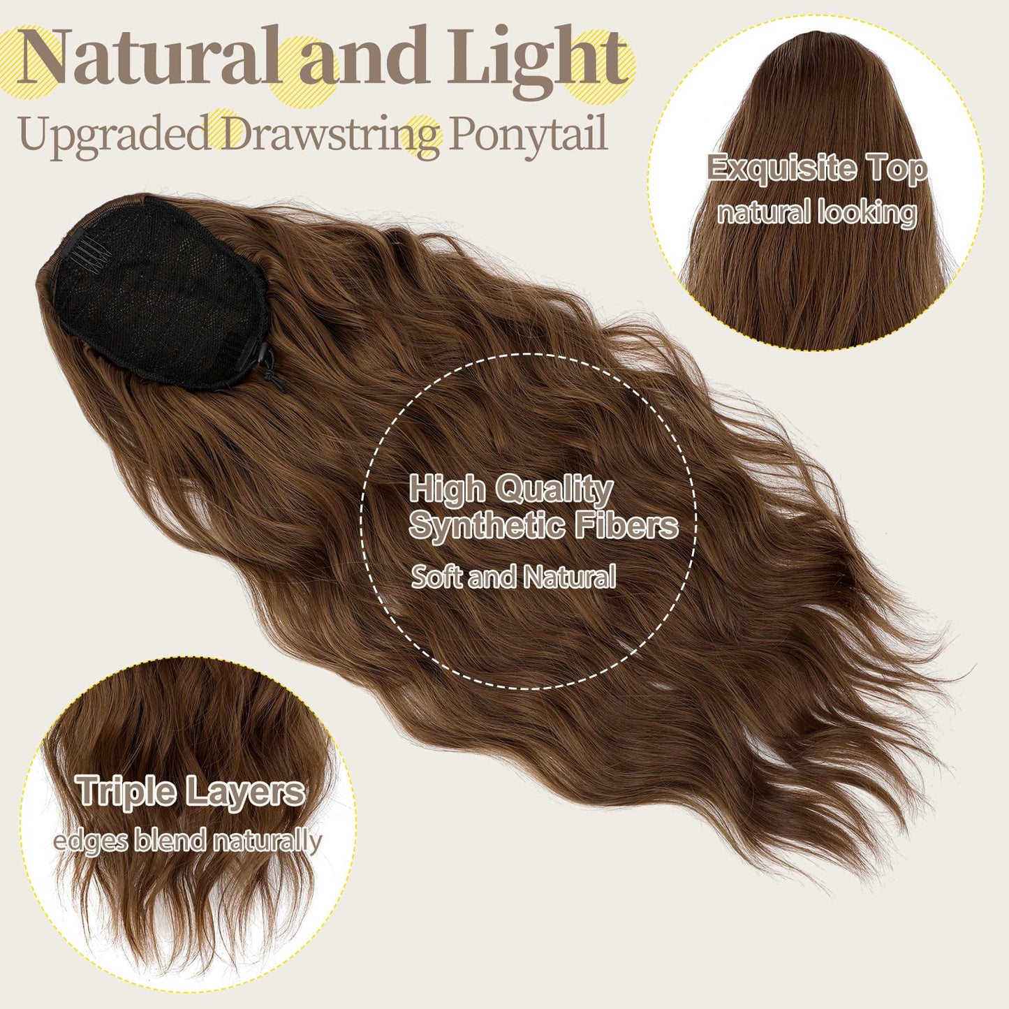 Fanguilar Ponytail Extension 24 Inch Long Curly Wavy Drawstring Ponytail Extension Synthetic Hair Extensions Ponytail for Women Daily Use Light Brown