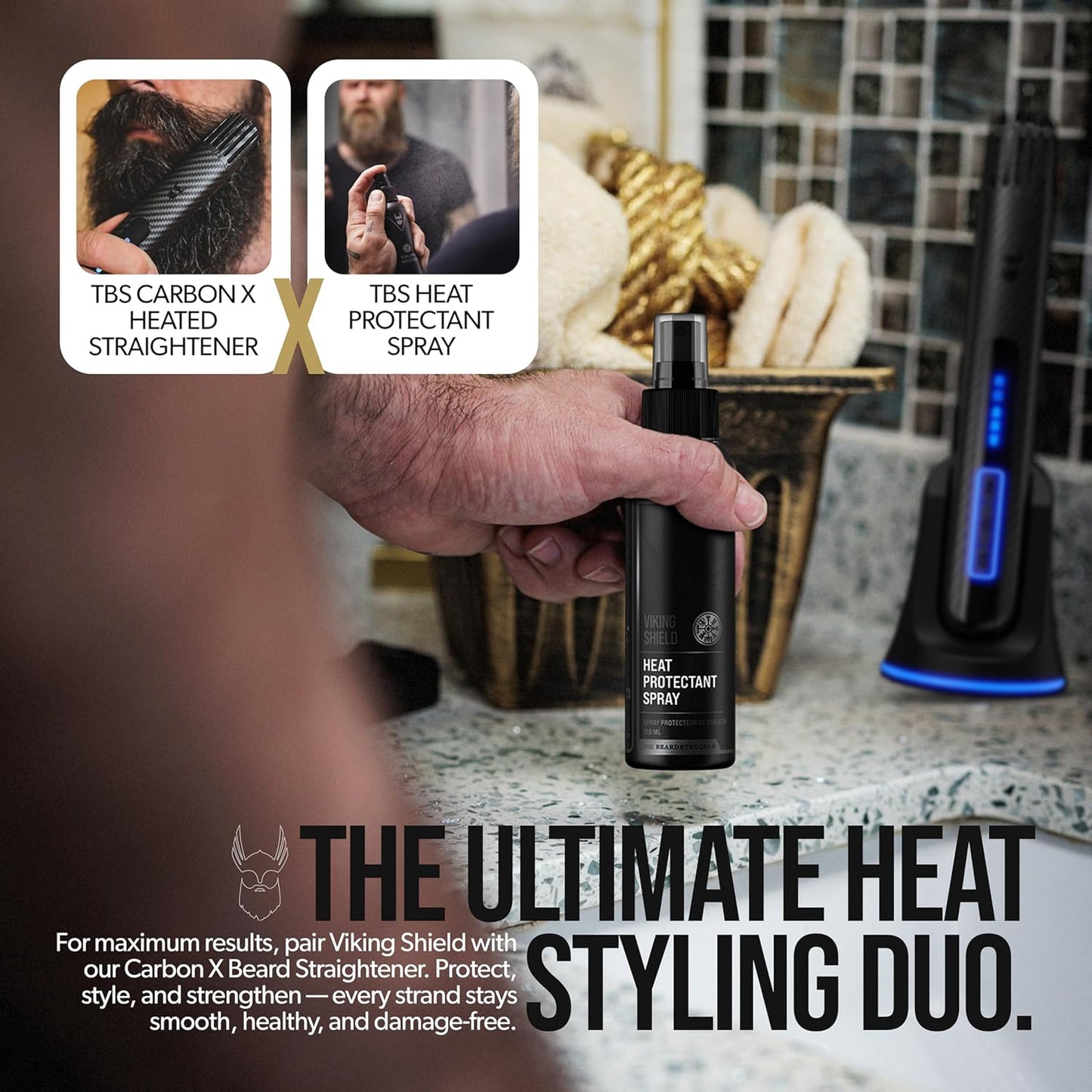 Viking Shield Beard Spray - Heat Protectant for Men | Argan Oil Thermal Protector - 4 Fl Oz, Protects Up to 450º F
