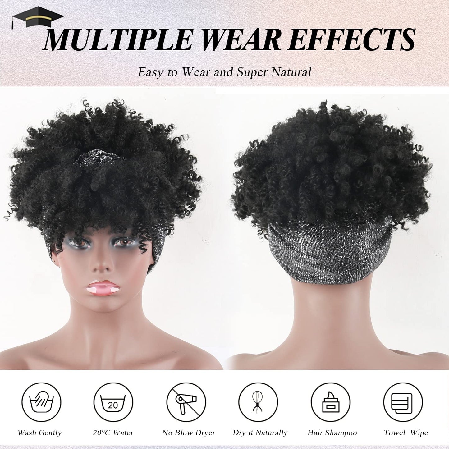 LEOSA Black Headband Wigs for Women Afro Kinky Curly Wig with Bangs Synthetic Short Hair Wigs with Headband Attached Headwrap Wigs Kinky Curly Headband Wig 4inch