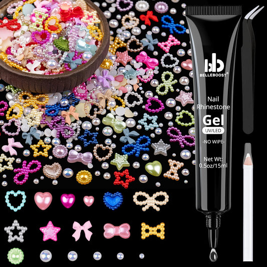 600Pcs 3D Multi Shapes Nail Charms and Flatback Pearls, Beige Mix Styles Heart Star Bow Sunflower Embellishments for Nail Art, Craft and Decoration with Glue Gel, Tweezer and Pickup Pencil