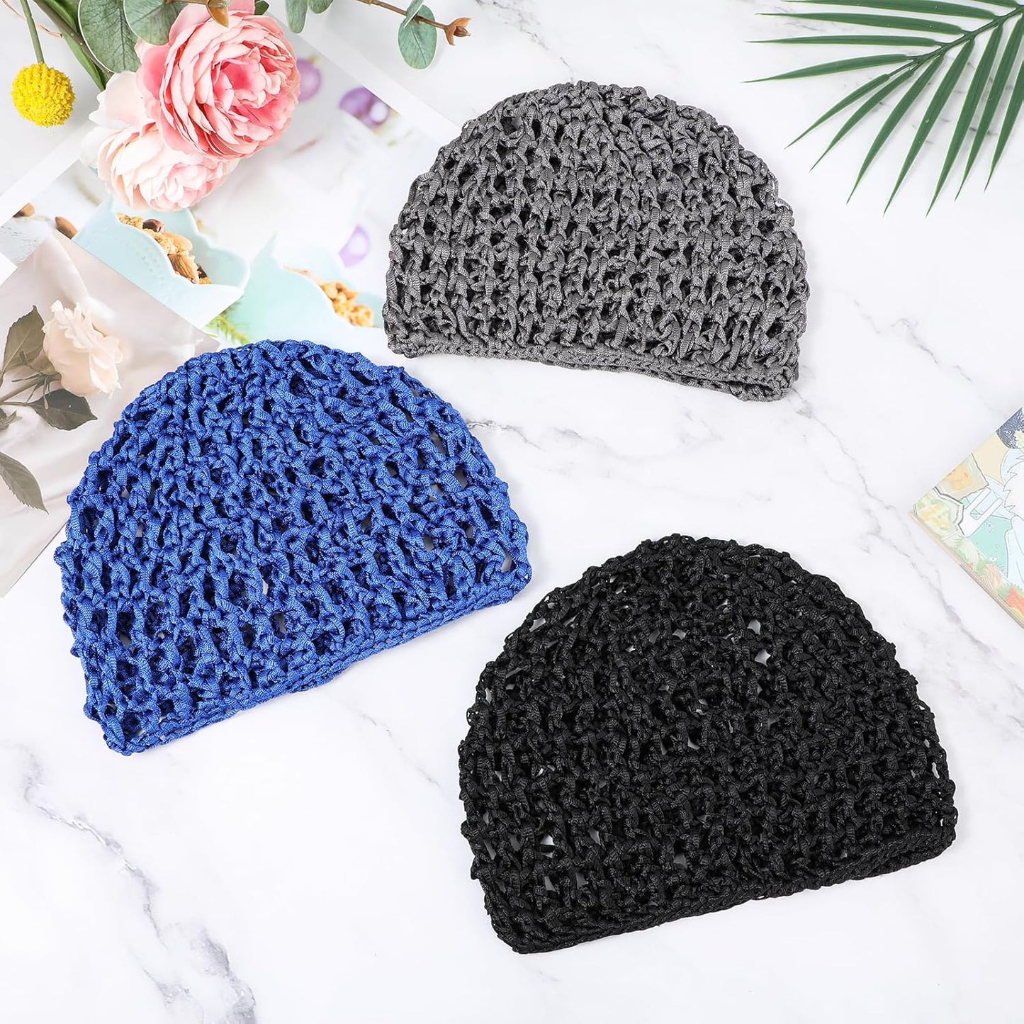 Skiennix Soft Rayon Crocheted Sleep Caps - Elastic Mesh Hair Snoods for All Hair Types | 3 Pcs Set