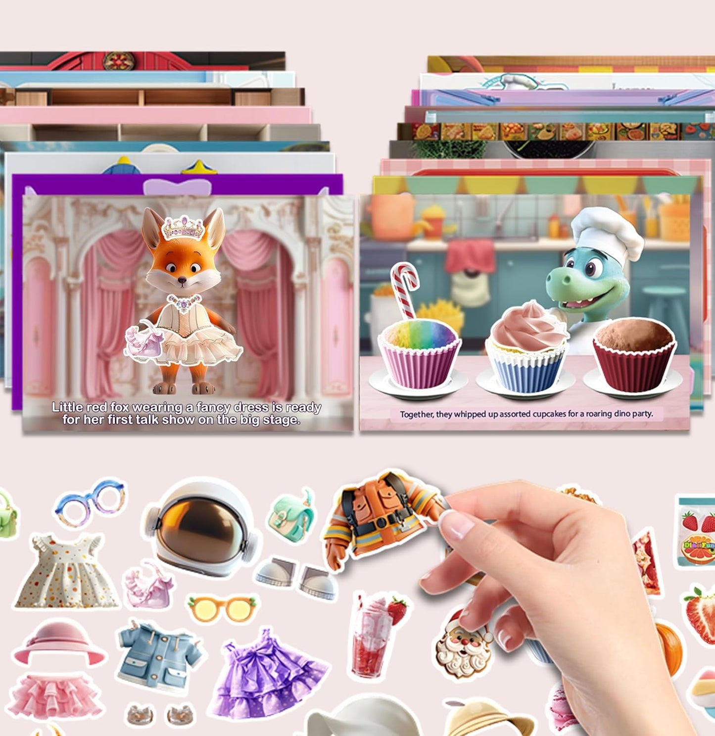 Dino Fun 2-in-1 Reusable Sticker Book for Kids - 500+ Stickers & 23 Scenes of Animal Dress-Up & Cooking
