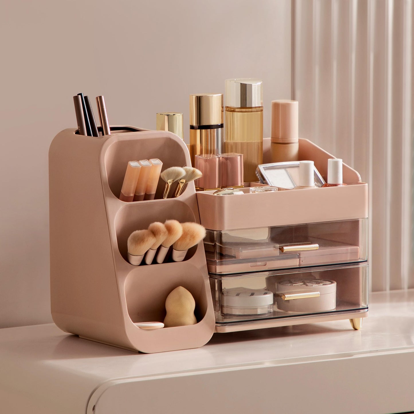 HBlife Makeup Organizer with Brush Holder for Vanity, Large Plastic Bathroom Countertop Organizer Skin Care Storage, Easy to Store Lipsticks, Nail Polishes, Perfumes, Eyeshadow Palettes, Pink