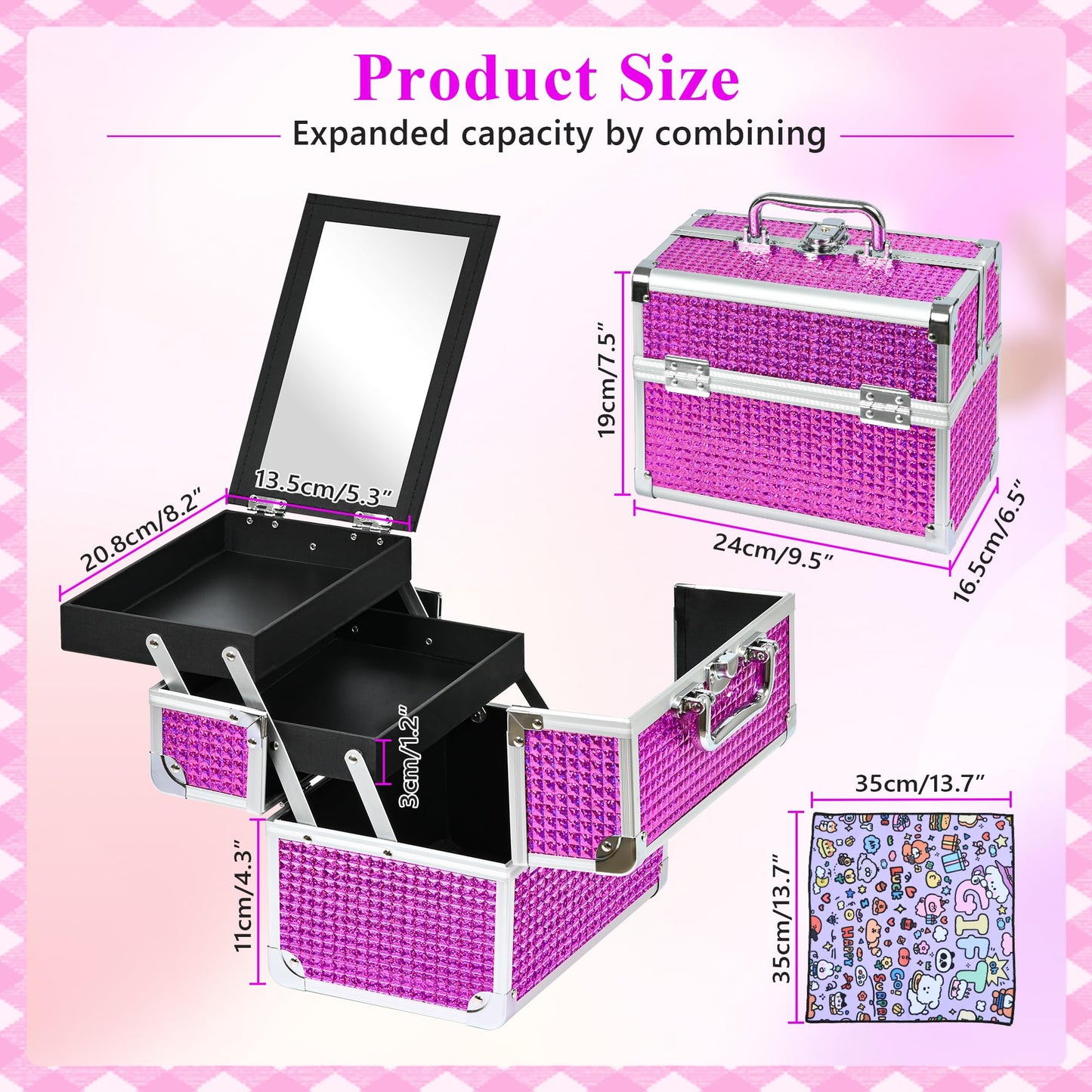 GALHUBIS Makeup Train Case, Portable Makeup Case with Mirror, 2-Trays Cosmetic Organizer Case,Nail Polish Organizer, Travel Makeup Box, Profesional for Salon Barber, Rose Red