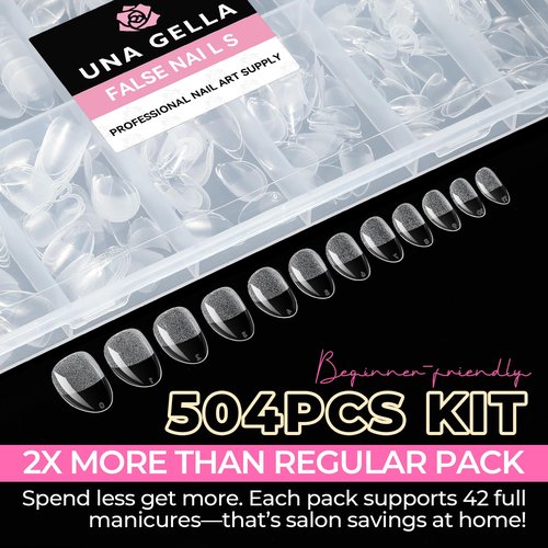 UNA GELLA Extra Short Almond Nail Tips Full Cover 504PCS Gel Nail Tips Short Almond Shaped Nails Tips Soft Gelly Gel Clear Fake Nails Tip for Acrylic Nail Tip Soak Off Home DIY Salon Nails 12 Sizes