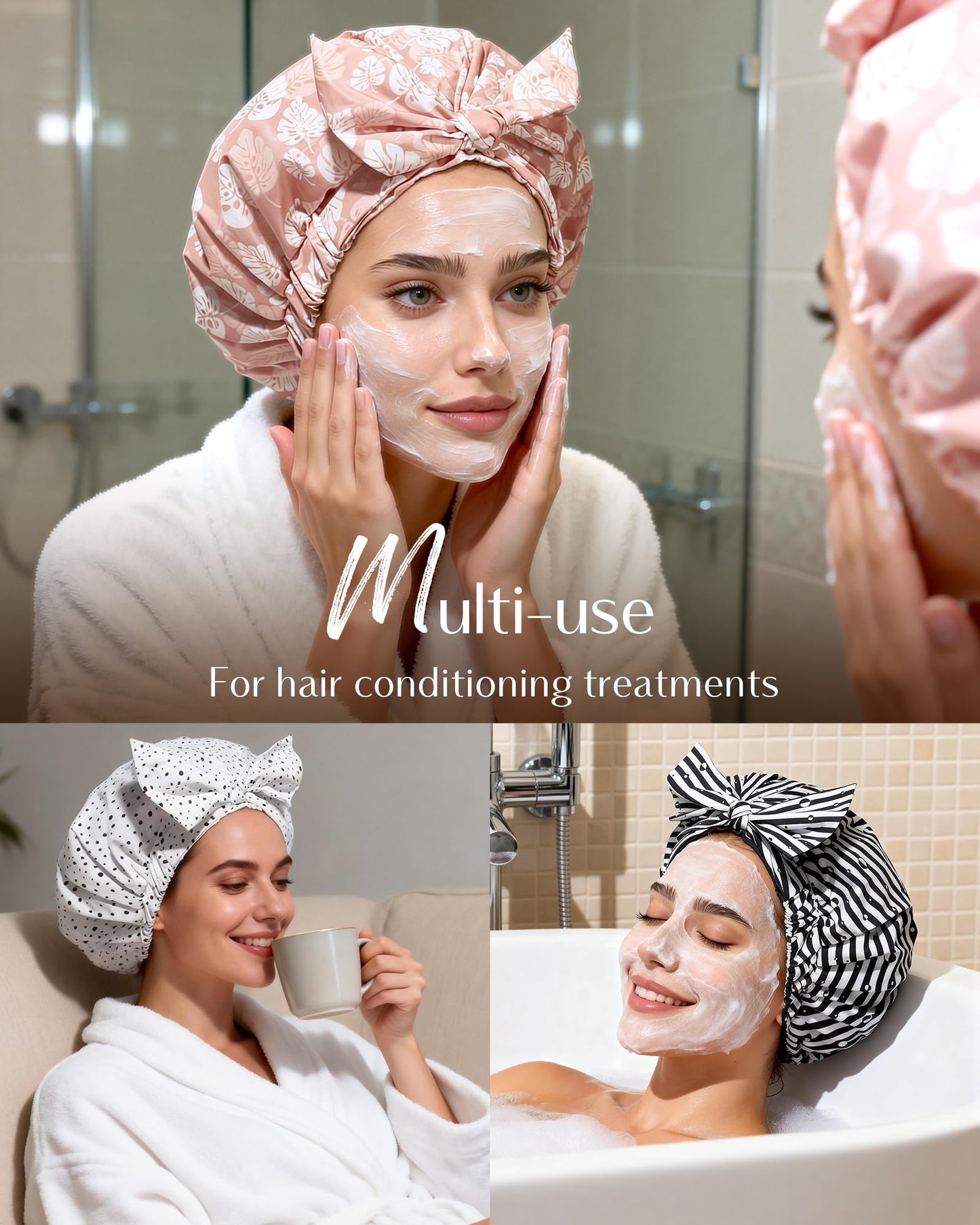 Yanibest Shower Cap for Women Reusable Waterproof, Adjustable Non-Slip Shower Hair Cap, Washable Bath Hat for Long Hair