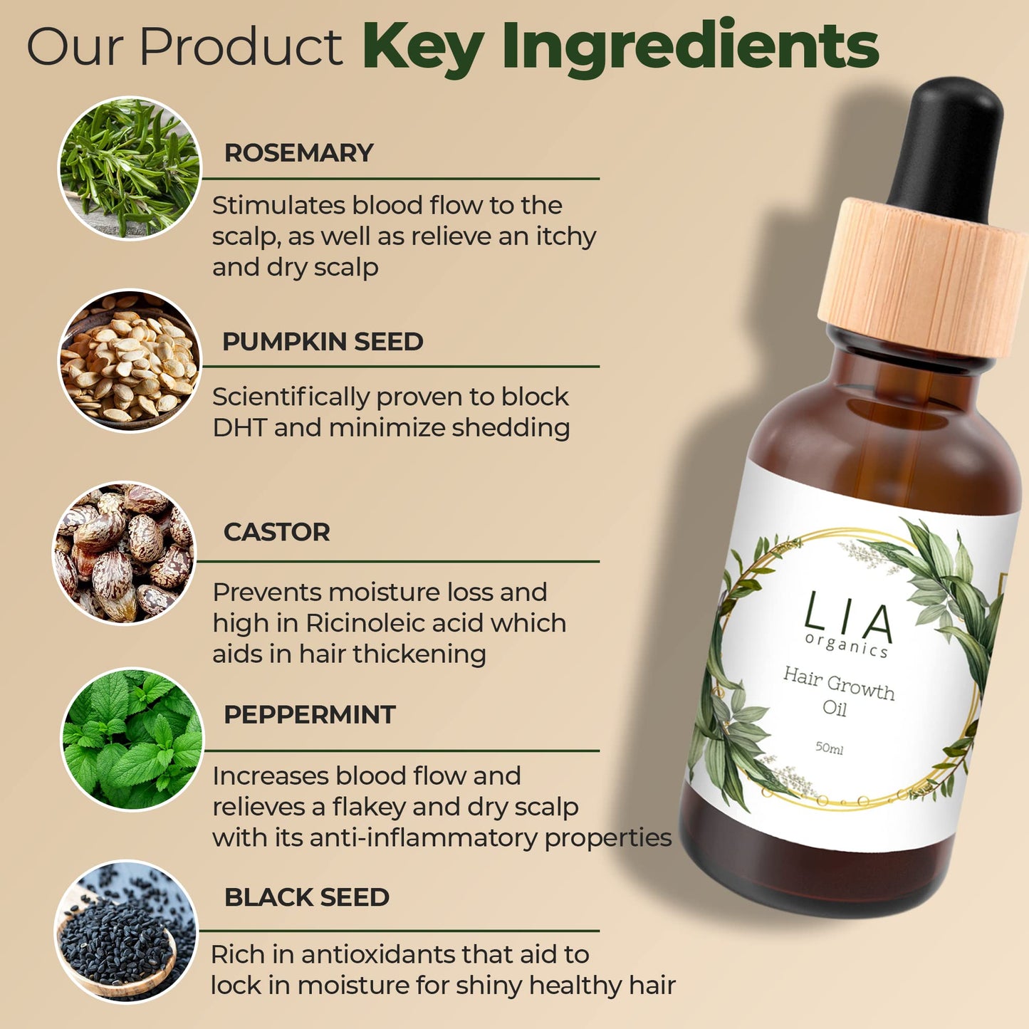 Lia Organics Hair Growth Oil - Organic, Vegan, Cruelty-Free - Rosemary, Castor, Pumpkin Seed, and Amla for Thick, Healthy Hair - 1.70 Fl Oz (Pack of 1)