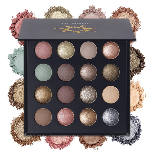 UCANBE Baked Eyeshadow Palette - 16 Highly Pigmented Nude Shades with Matte & Glitter Finish