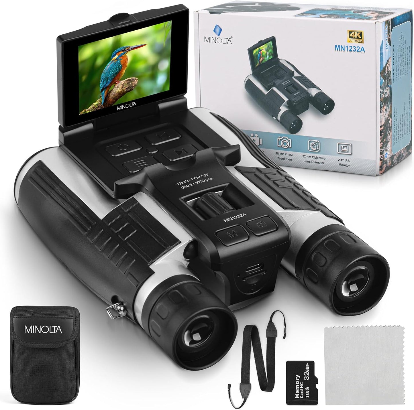 Minolta 12x32 Digital Binoculars - 4K UHD Video Camera, 48MP Photo, 8X Digital Zoom, IPS Anti-Glare Screen, Fog-Resistant Optics, Compact, Ideal for Birdwatching & Travel Hunting