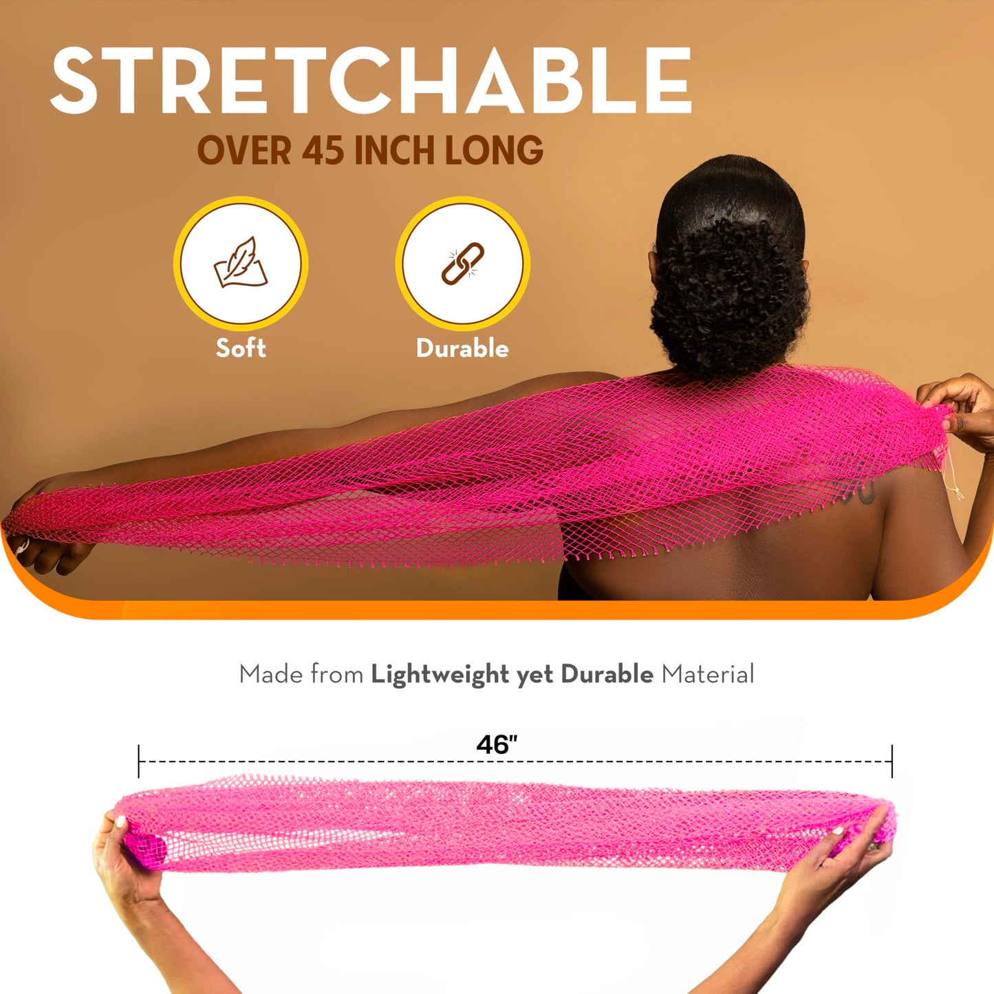 BELLANOMI African Exfoliating Net Sponge, Authentic, Ethically sourced from Nigeria, 45 inches Long, Back Scrubber for Daily use (Pink)