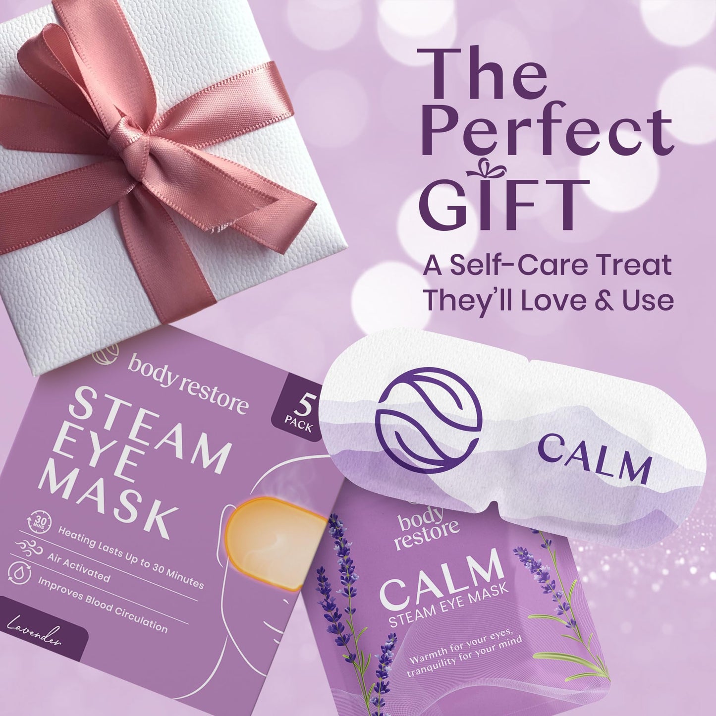 Body Restore Self Heated Steam Eye Mask 5 Pack - Easter Basket Stuffers, Relaxation Gifts for Her and Him, Best Friend, Stye Eye Treatment, Disposable Heating Pad, Travel Essentials - Lavender