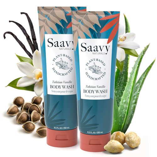 Saavy Naturals Moisturizing Body Wash - Plant-Based Formula with Coconut Oil & Aloe Vera | Tahitian Vanilla, 8.5 fl oz (2 Pack)
