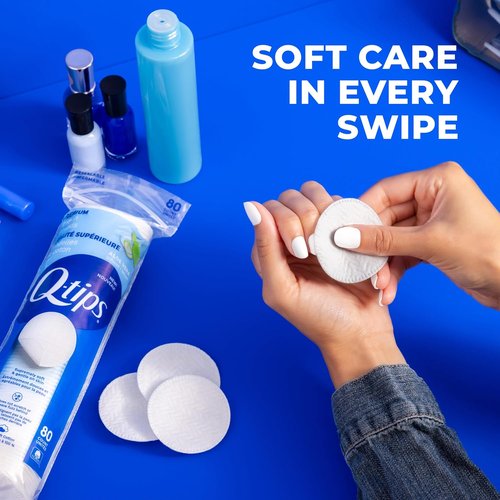 Q-Tips Premium Cotton Rounds - Soft Lint-Free Makeup Remover Pads | 100% Cotton, 80 Count, 6 Pack
