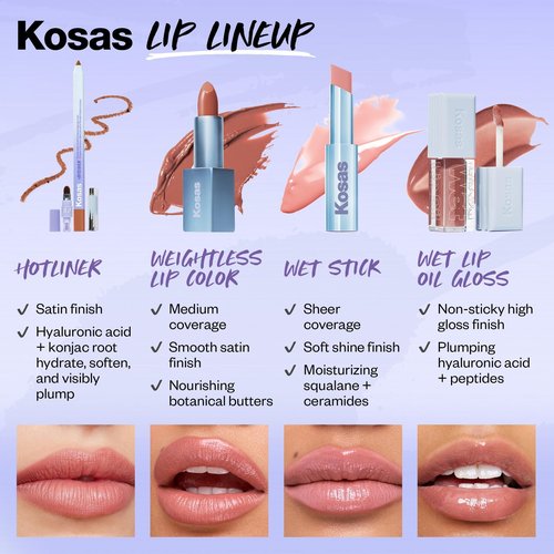 Kosas Wet Lip Oil Gloss - Hydrating Lip Plumping Treatment with Hyaluronic Acid & Peptides, Non-Sticky Finish (Unhooked)
