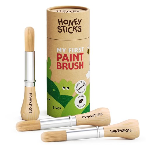 Honeysticks My First Paint Brush Set - 3 Pack: Ideal for Babies and Toddlers. Jumbo Brushes with Chubby Wood Handles for Easy Grip, Vegan. Includes Handy Storage Container