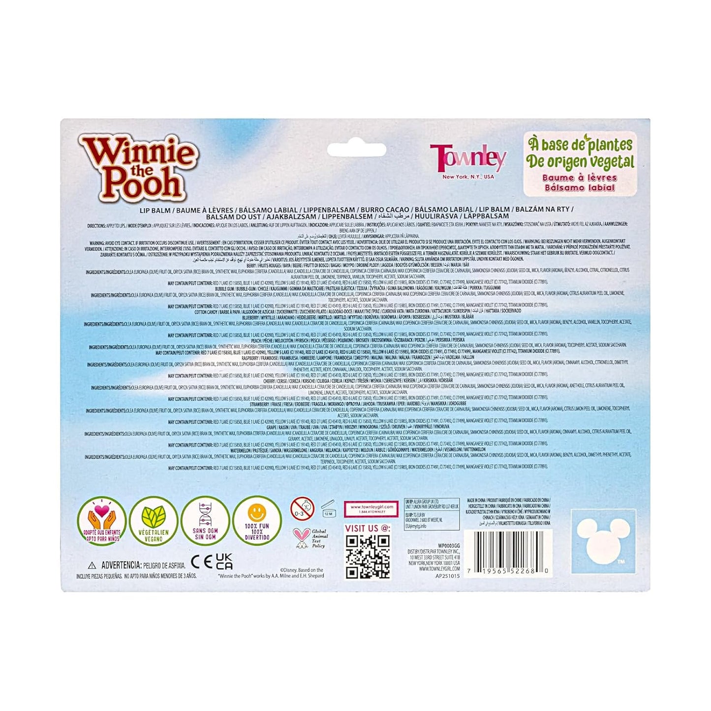 Townley Girl Winnie the Pooh 10-Piece Plant-Based Lip Balm Set - Perfect Gift for Kids & Toddlers
