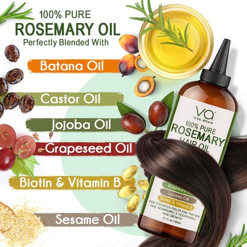 100% Pure Rosemary Oil For Hair Growth With Castor Oil-Batana Oil-Jojoba Oil-Infused With Biotin & Vitamin E-Blend of Effective Hair Oils for Hair Growth-Strengthening Treatment-Vital Affair-6.7 Fl Oz