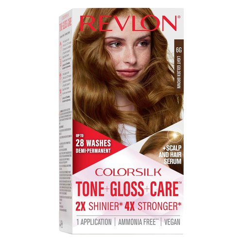 Revlon ColorSilk Demi Permanent Hair Color Kit - Glossy Shine & Care Serum, 6G Light Golden Brown, 4.5 fl oz