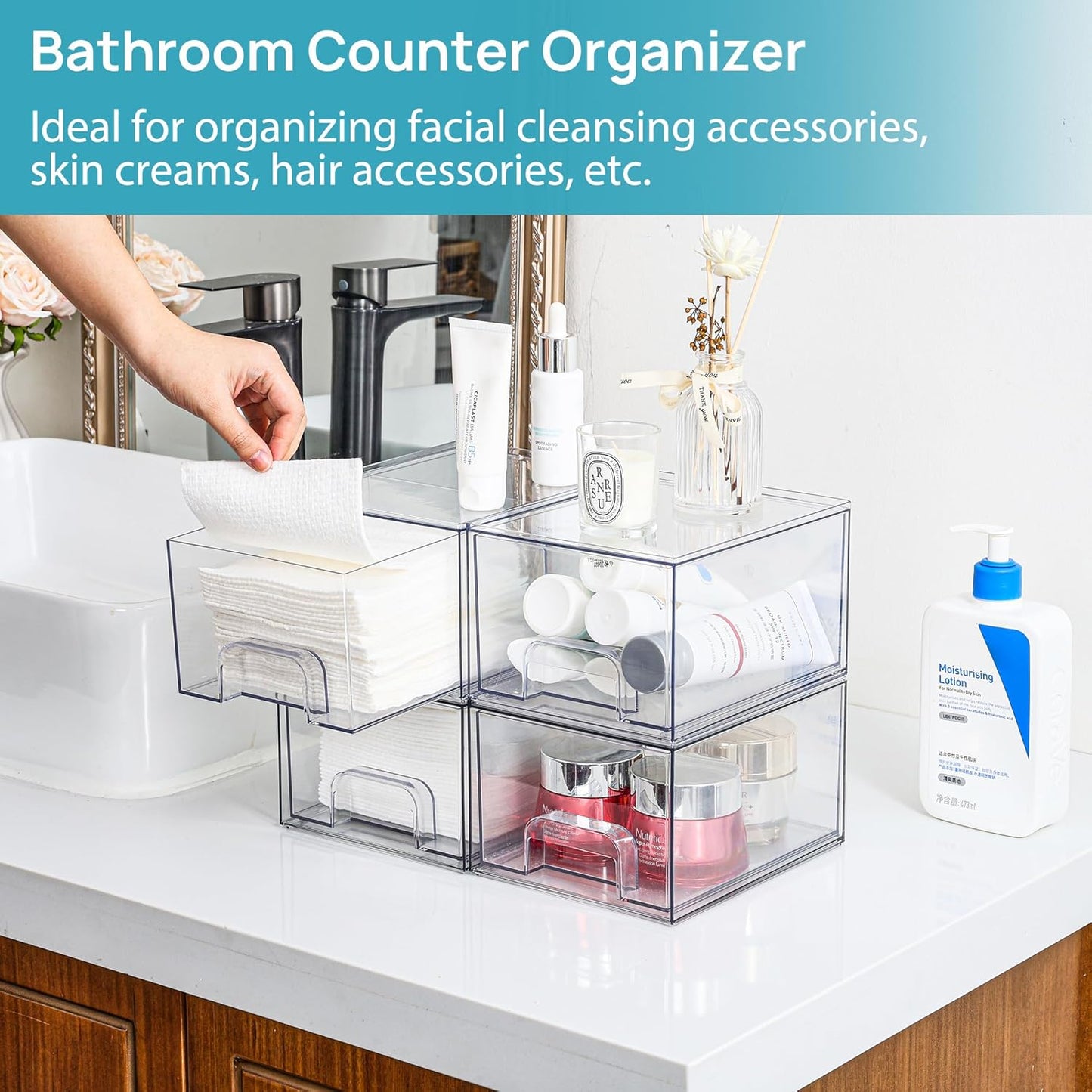 Vtopmart 4 Pack Small Clear Stackable Storage Drawers,Acrylic Bathroom Makeup Organizer,Plastic Storage Bins For Vanity, Undersink, Kitchen Cabinets, Pantry, Home Organization