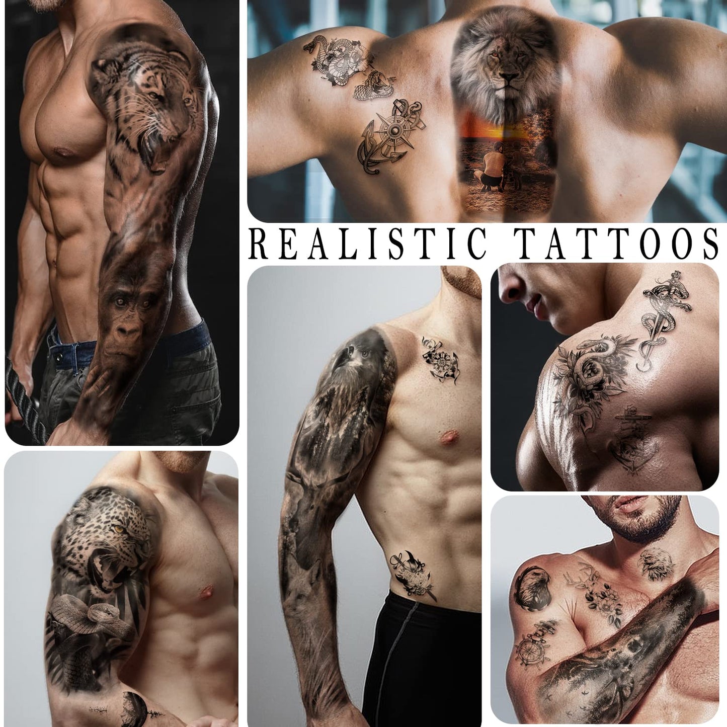 SOOVSY 46 Sheets Temporary Tattoos for Men (22.83"X7.1"), Extra Large Full Arm Temporary Tattoos Sleeve for Women, Lion Tiger Snake Wolf Waterproof Realistic Animal Fake Tattoo Stickers for Boys