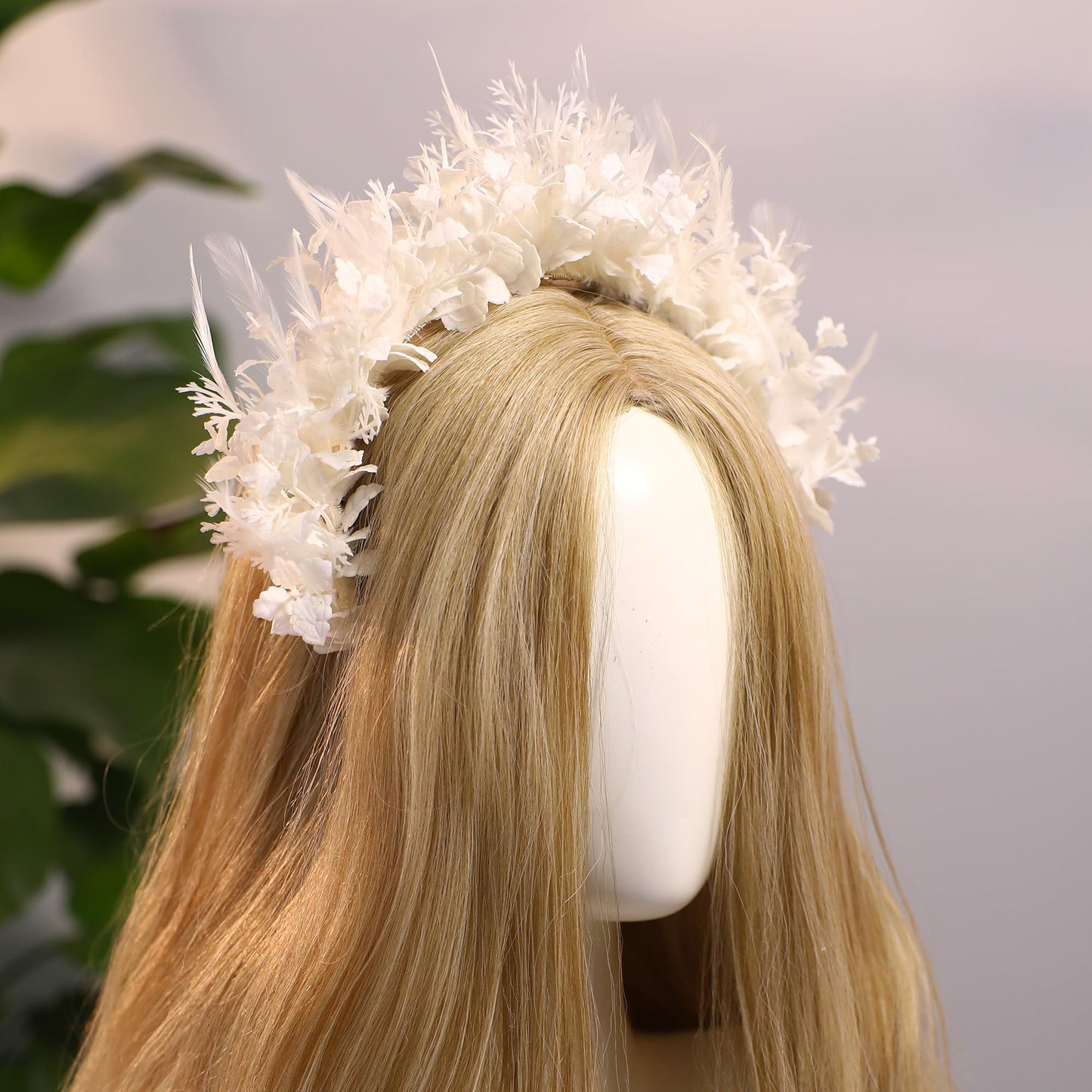 MOSTORY Handmade White Feather Crown - Flower Halo Headband Bohemian Hairband with Leaves Fairy Headpiece for Women Girls Wedding Party Mardi Gras Carnival Fae Ball Photo Shoot