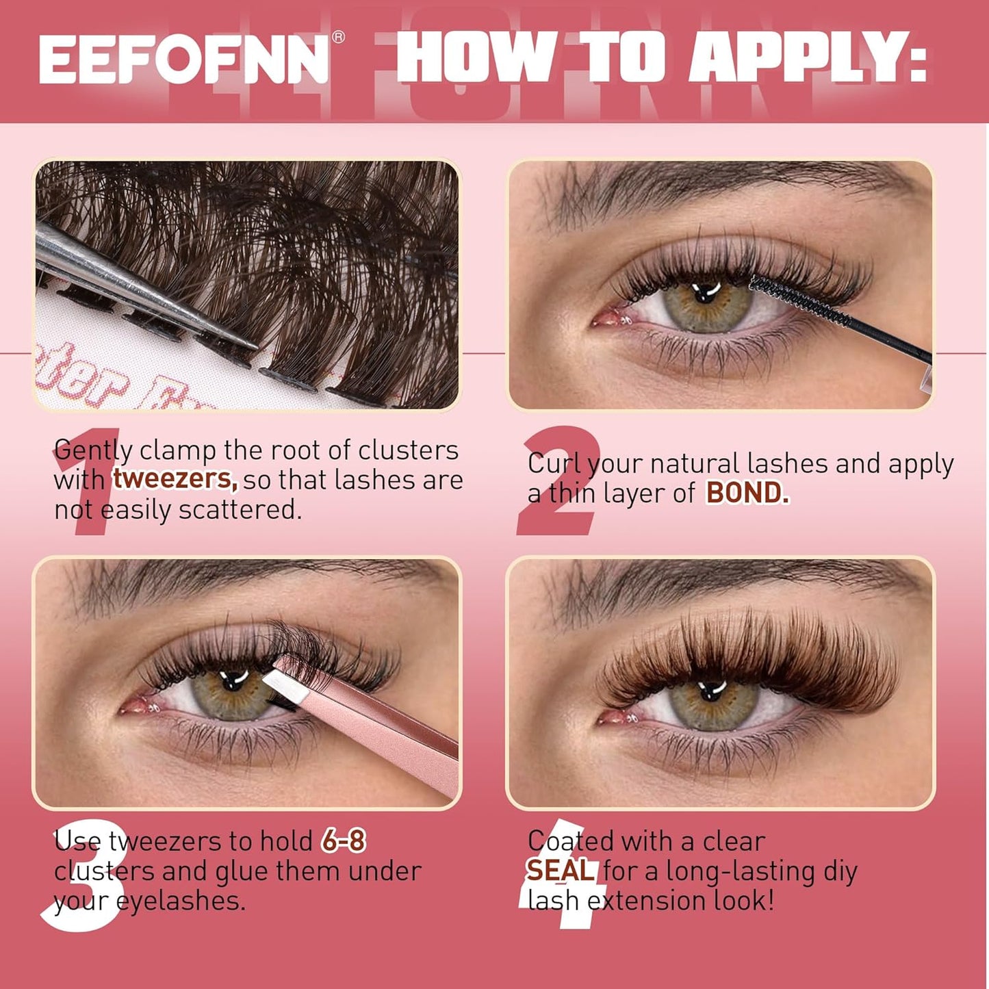 Eefofnn Brown Lash Clusters Natural Eyelash Extension Fluffy Brown Individual Lashes 10-18MM Wispy Cluster Eyelash Extensions 200 Pcs D Curl Brown Lash Extensions DIY at Home