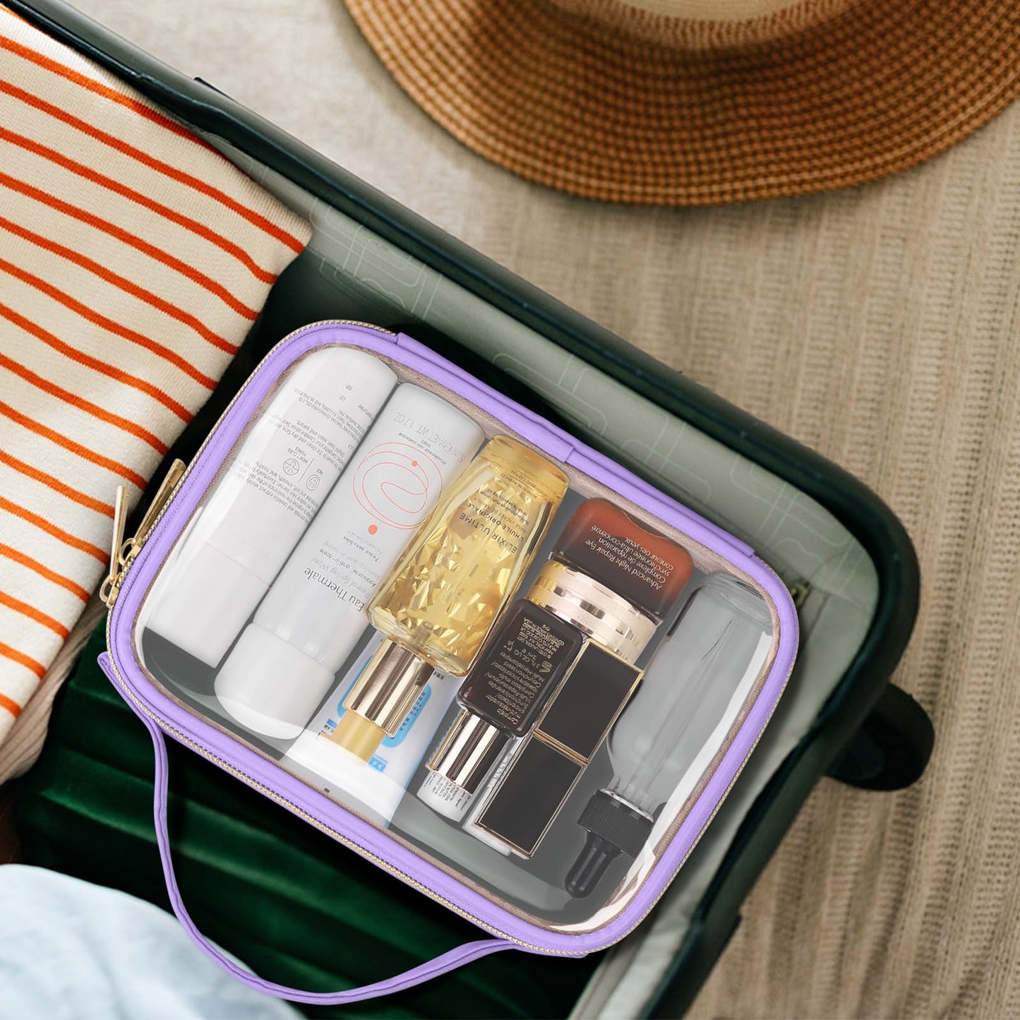 Wedama TSA Approved Toiletry Bag, 2 Pack Clear Makeup Bags with Handles, Quart Size PVC Clear Cosmetic Bags for Women and Men, Carry on Airport Airline Compliant Bag, Purple