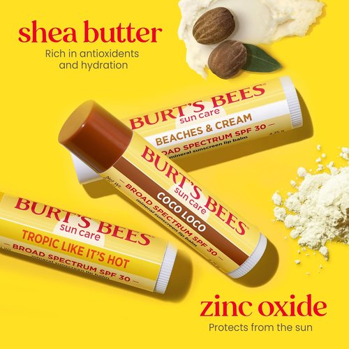 Burt’s Bees SPF 30 Lip Balm - Island Getaway, Coco Loco & Beaches Cream | Water-Resistant Natural Care, 3 Tubes