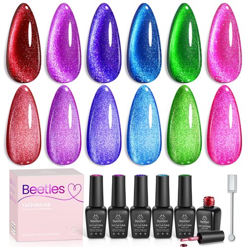 Beetles Cat Eye Gel Nail Polish, 6 Colors Cat Eye Glitter Gel Polish Set Neon Red Pink Purple Blue Green with Magnet Velvet Gel Kit Soak Off UV French Nail Art Manicure Spring Gift for Women