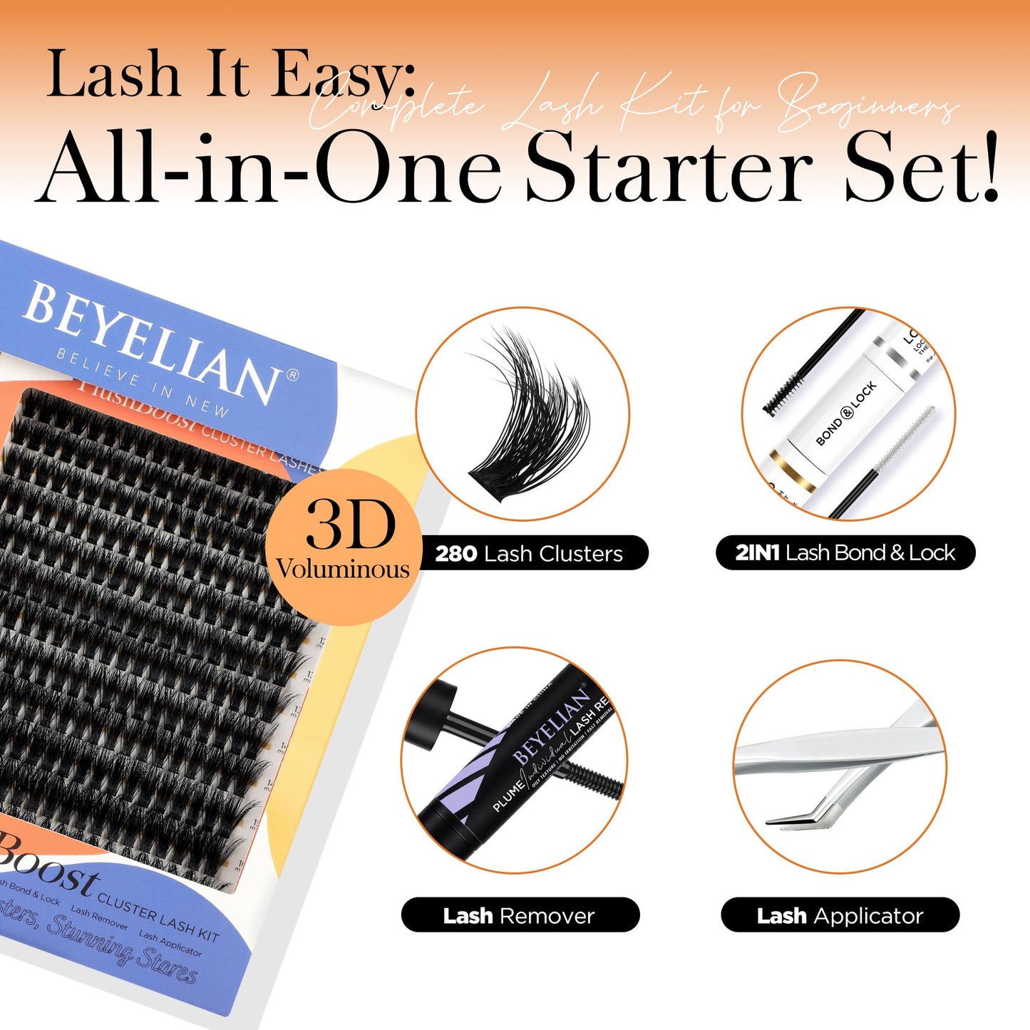 BEYELIAN DIY Lash Extension Kit 3D Fluffy Lash Clusters Kit with 9-18mm 280 Pcs 80D Cluster Eyelash Extensions, Lash Bond and Seal, Lash Remover and Lash Tweezers for Self Use at Home