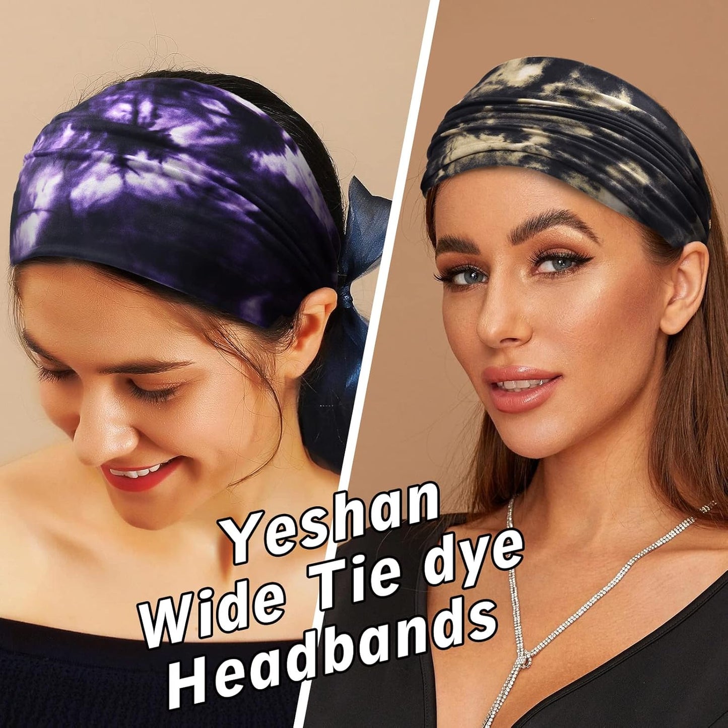 Yeshan Women's Wide Boho Knotted Non-Slip Turban Headwraps - Stretchy Bandeau Hair Bands for Sports, Yoga, Workouts, Pack of 8