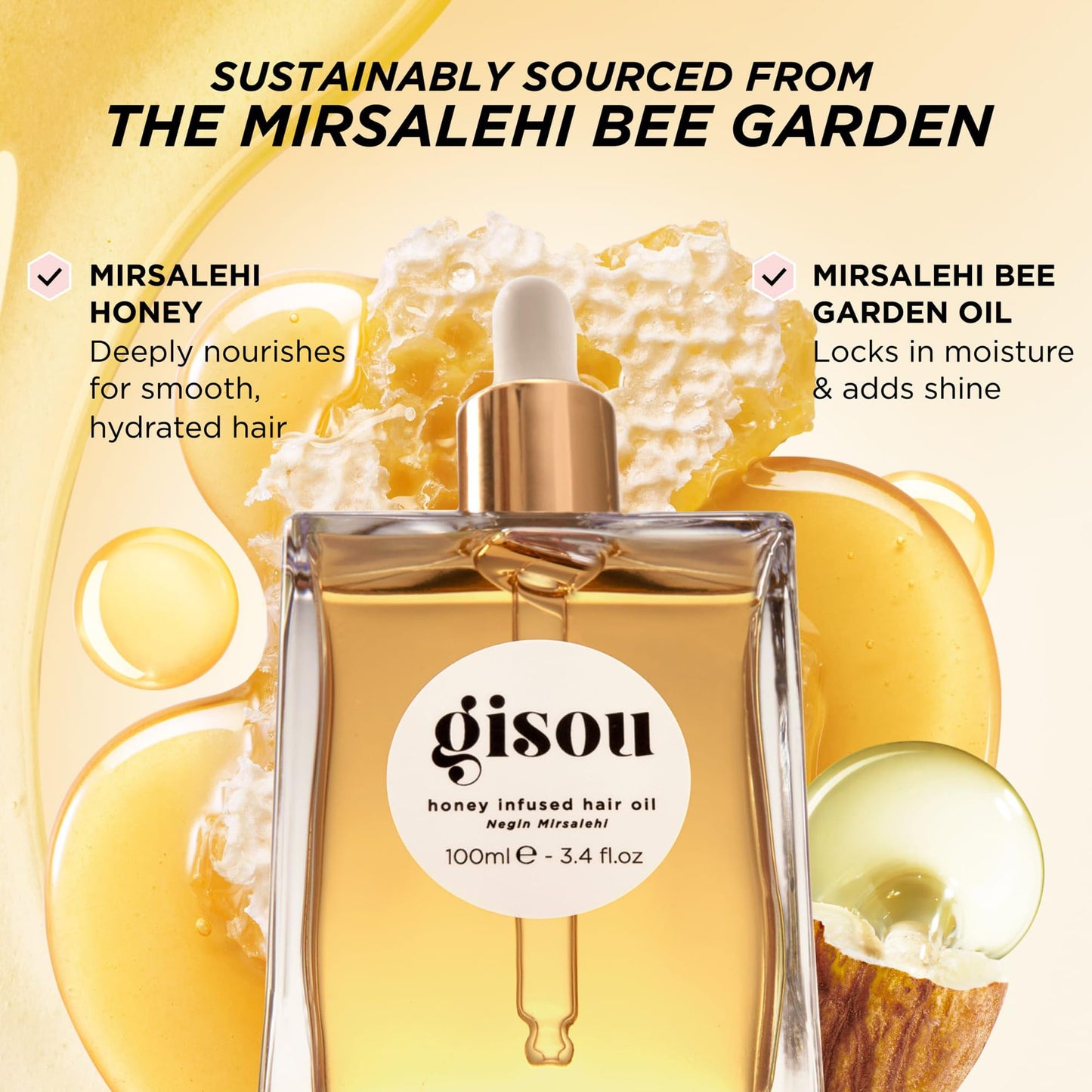 Gisou Honey Infused Hair Oil - Enriched with Mirsalehi Honey for Deep Nourishment, Hydration, Frizz Control, Heat Protection and Shine - For Damaged and Dry Hair (1.7 fl oz)