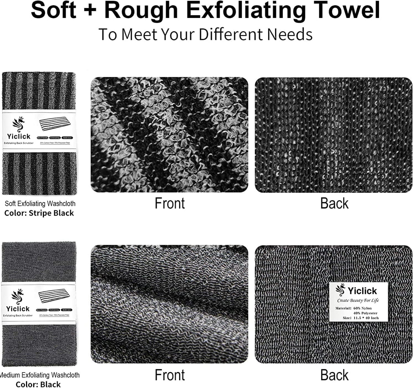 Yiclick Exfoliating Body Scrubber - Japanese Back Wash Cloth for Men & Women | Black Luffa Towel