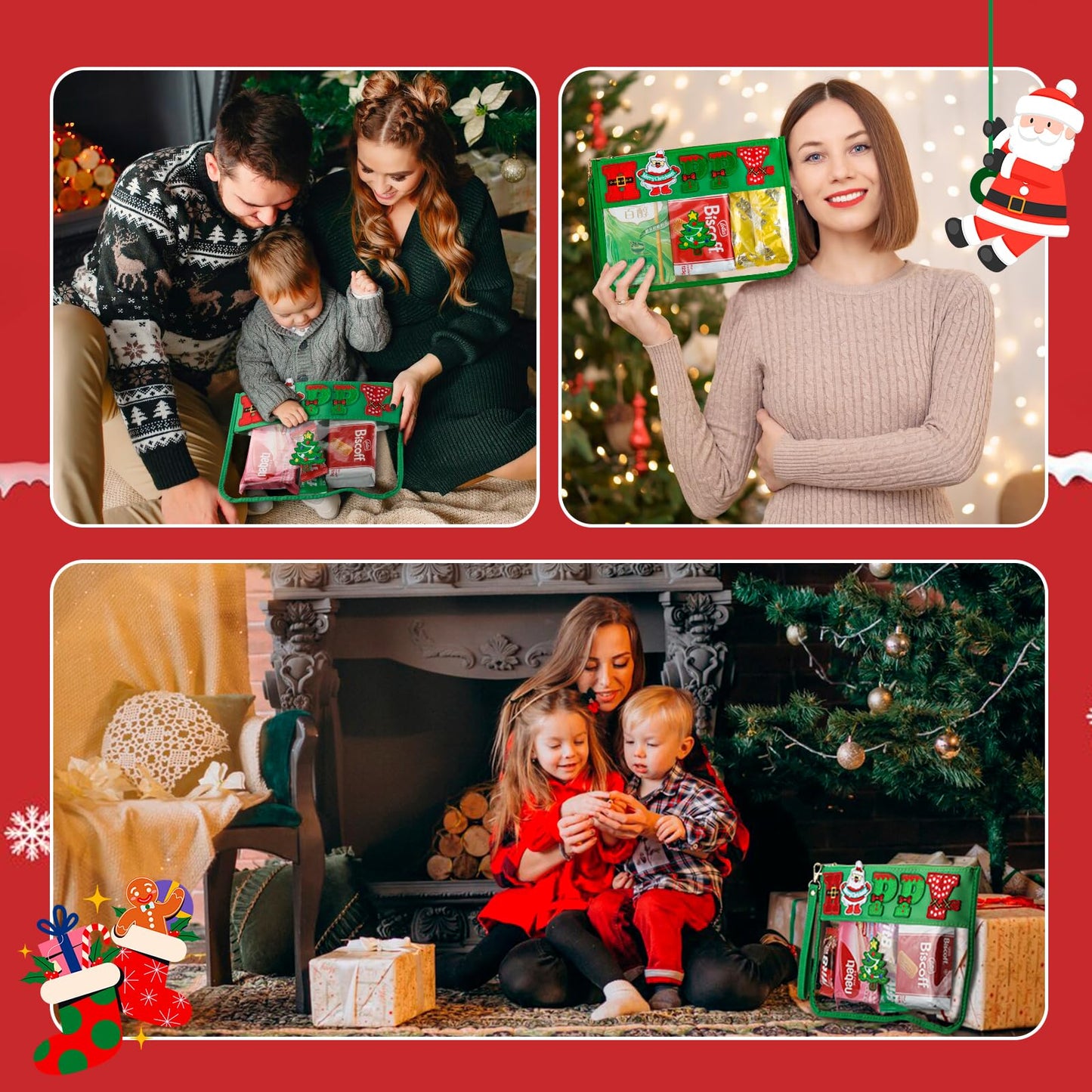 BuyCard 2 Pcs Christmas Gifts Cosmetic Makeup Bag with Chenille Letter Patch, Clear Pouch PVC Organizer Purse, Waterproof Travel Bag, Happy Santa Toiletry Storage Bag for Her Girls Friends Women