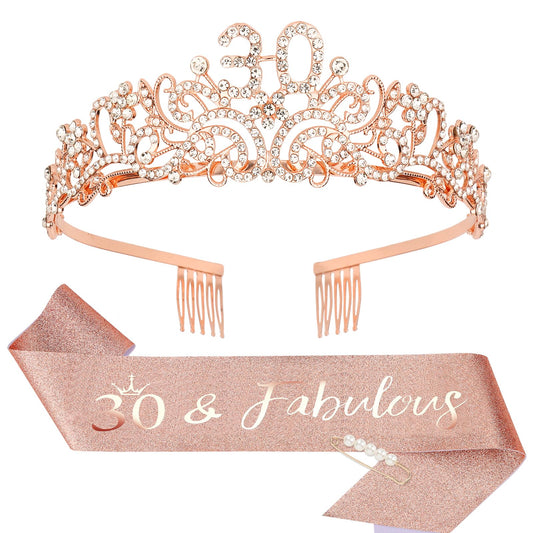 CIEHER 30th Birthday Crown + 30th Birthday Sash + Pearl Pin Set, 30th Birthday Decorations for Women 30th Birthday Gifts for Her 30 Cake Topper