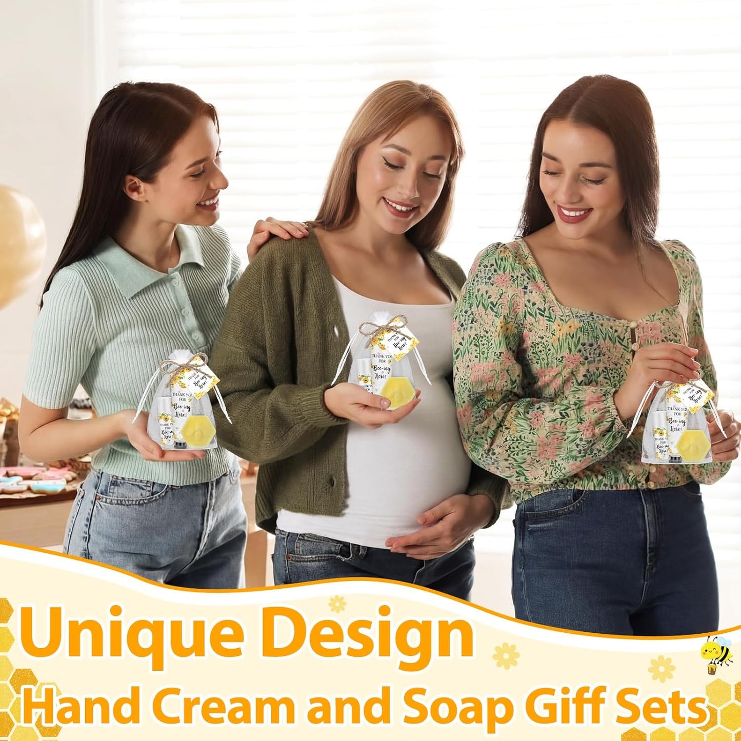 Skiennix Bee Themed Baby Shower Favors - 75 Pcs Lip Balms, Hand Cream & Honeycomb Soap | Perfect Gender Reveal Gift