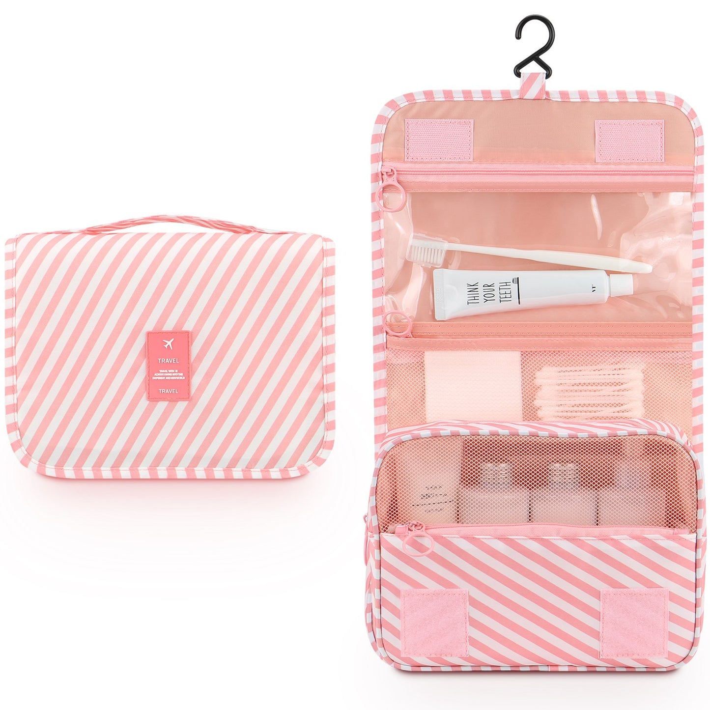 Mossio Hanging Toiletry Bag - Large Cosmetic Makeup Travel Organizer for Men & Women with Sturdy Hook (Pink Striped)