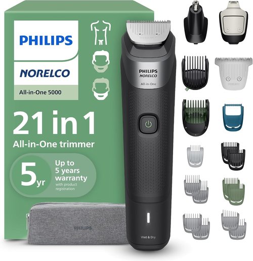 Philips Norelco 21-Piece All-in-One Trimmer 5000 Series - Electric Shaver & Clipper with Titanium Blades, 22 Length Settings (0.5-16 mm)