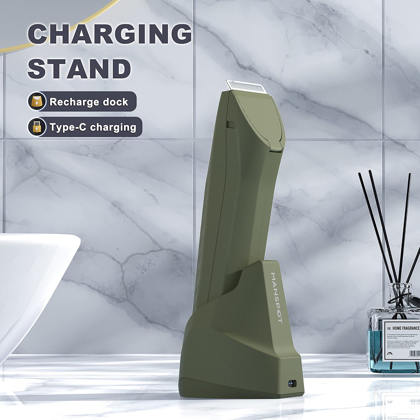 MANSPOT Manscape Trimmer for Men Ball/Pubic/Groin, Electric Body Hair Trimmer, Replaceable Ceramic Blade Heads,Waterproof for Wet/Dry Use,Standing Recharge Dock,90 Minutes Shaving After Charged(Green)