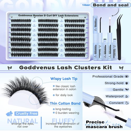 Goddvenus Lash Clusters Kit Wispy Lashes clusters Natural Fluffy Eyelashes Clusters 12mm 14mm 16mm Mixed Cluster Eyelash Extensions Kit D Curl DIY Individual Lashes Kit with Bond and Seal Lash Glue