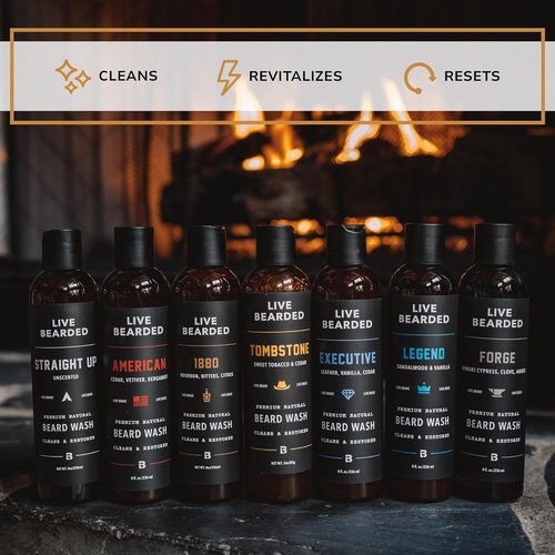 Live Bearded Beard Wash - All-Natural Water-Based Cleanser for Gentle Deep Clean - 8 fl oz | American Cedar, Vetiver, Bergamot Scent