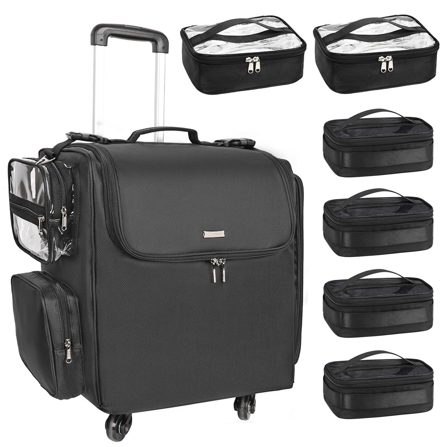 Relavel Rolling Makeup Train Case with 6 Pcs Clear Makeup Bags, Hairstylist Traveling Bag with 4 Wheels, Heat Insulation Full Layer, Adjustable Dividers, Hair Tools and Cosmetics Storage Organizer