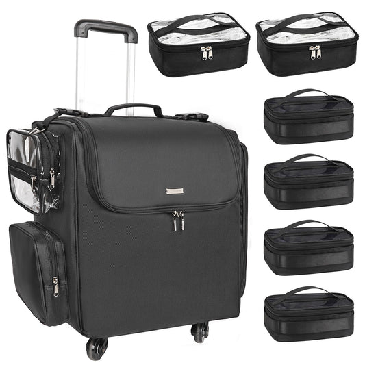 Relavel Rolling Makeup Train Case with 6 Pcs Clear Makeup Bags, Hairstylist Traveling Bag with 4 Wheels, Heat Insulation Full Layer, Adjustable Dividers, Hair Tools and Cosmetics Storage Organizer